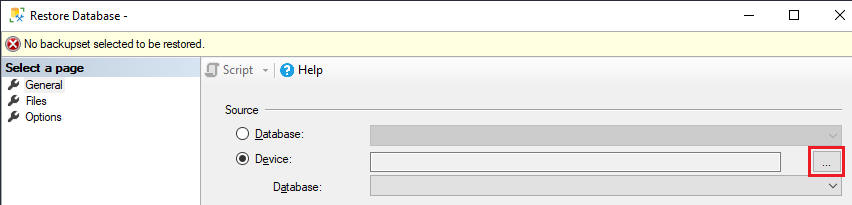 Restore Database Device Selection