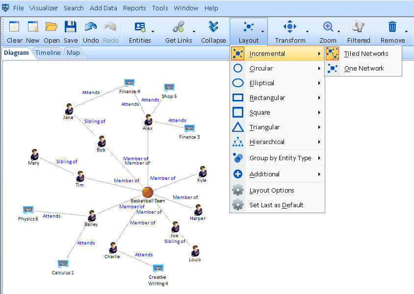 Visualizer diagram Layout Menu on COVID-19 Contact Tracing Example